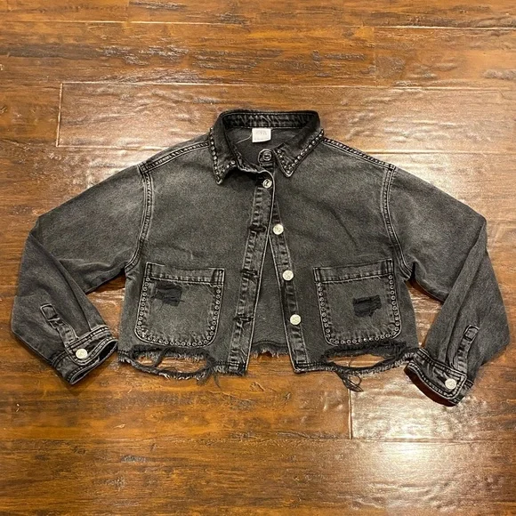 Zara Distressed Cropped Black Denim Jacket Girls Size 11-12 - Picture 1 of 10